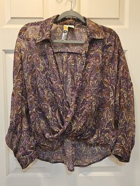 Mimi Chica Purple Swirl Sheer Draped Blouse